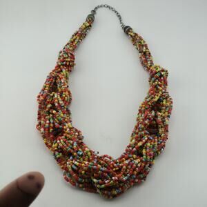 Multicolor Seed Bead Necklace Chunky Boho Statement Multi Strand Adjustable
